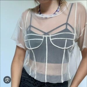 Zara Cream Mesh Bustier Corset Lingerie Style T Shirt Crop Top Small